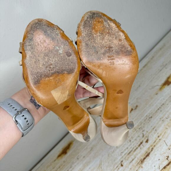 Moschino Cheap and Chic Strappy Heels 38 Ankle Strap Peep Toe Open Champagne - Picture 8 of 11